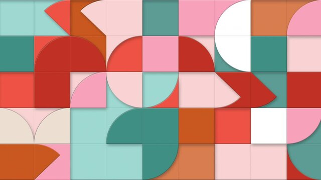 Geometric pattern loop. Circles, squares animation. Modernist abstract background. Bauhaus Design style. Green, white, red, pink, orange.