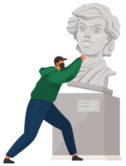 Vandal damaging the monument in public park. Bandit in mask and hood destroy city property. Street gangsters and vandalism concept. Cartoon flat vector illustration with a man breaks the statue