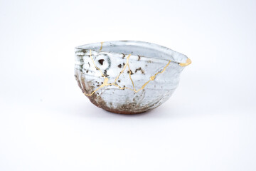 Antique Kintsugi, Japanese wabi sabi white traditional teapot, Gold cracks Kintsugi, Kintsukuroi...