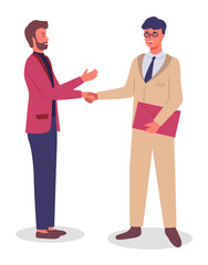 Fototapeta premium Businessmen shake hands, good deal, partnership concept. Business people group communicating standing on white background. Smiling friendly colleagues wearing in formal clothes vector flat design
