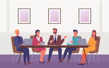 Business people at meeting table discuss strategy. Office desk for team planning and working. Conference of businessmen, strategic analysis and planning, discussion brainstorming. Team work concept