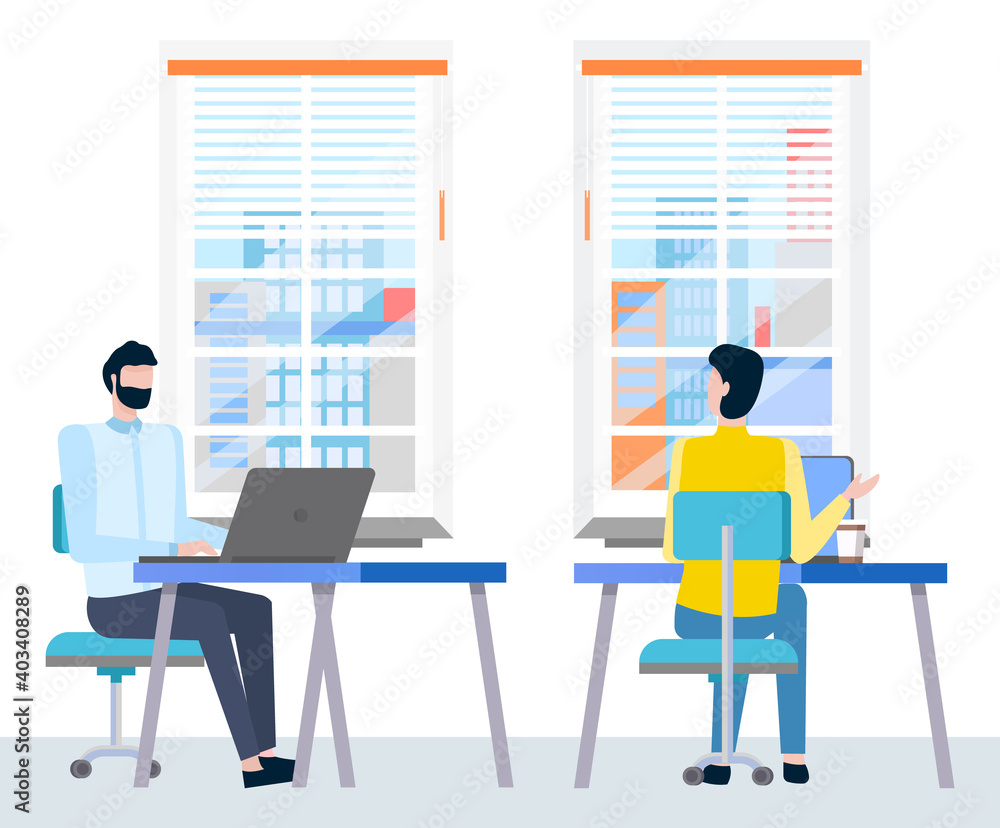 Poster man with laptop working in office vector, character sitting by table talking to colleague. teamwork 