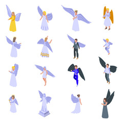 Angel icons set. Isometric set of angel vector icons for web design isolated on white background