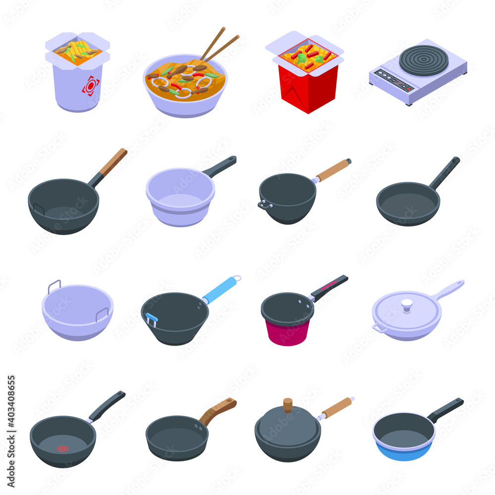 Poster wok frying pan icons set. isometric set of wok frying pan vector icons for web design isolated on wh
