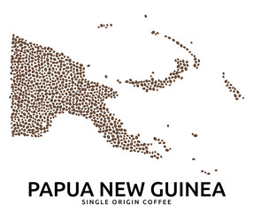 Shape of Papua New Guinea map made of scattered coffee beans, country name below