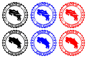 Made in Costa Rica - rubber stamp - vector, Costa Rica map pattern - black, blue and red