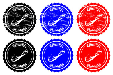 Bermuda - rubber stamp - vector, Bermuda map pattern - sticker - black, blue and red