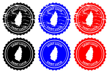 Saint Lucia - rubber stamp - vector, Saint Lucia island map pattern - sticker - black, blue and red