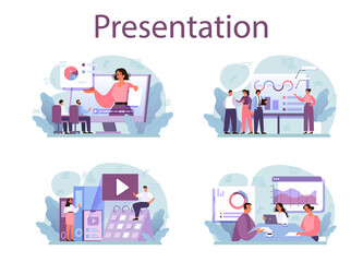 Business presentation concept set. Businesspeople in front of group