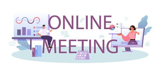 Online meeting typographic header. Businesspeople in front of group