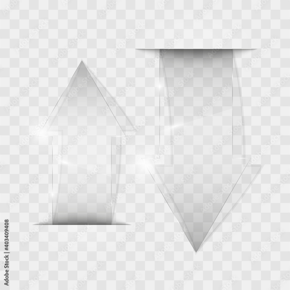 Poster Transparent arrow banners set. Direct glassy shape. Abstract arrows Background. Business infographic presentation diagram. Section compare service. down arrow trend. Paper index. Exact pointer