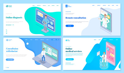 Consultation with doctor, landing page of medical websites, online diagnosis, remote consultation, medical services, online medicine, treatment, chatting with physician or therapist, checking health