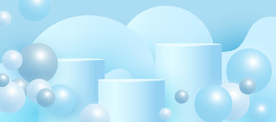 Empty blue podium, pedestal or platform with volumetric ball shapes on background. Minimal scene with geometrical forms for product presentation. Vector illustration