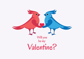 Will you be my Valentine greeting card with couple of cute birds vector. Two sweet birds in love icon vector. Valentine bird with heart shape icon vector. Important day