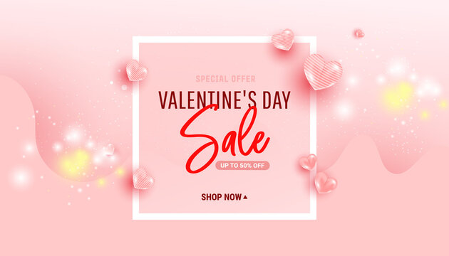 Happy saint valentine day sale background with air heart shaped balloons, wave shape. Minimal frame. Vector illustration