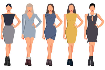 Obraz premium A set of five girls with a good figure in beautiful clothes of different styles and colors.