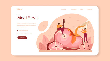 Steak web banner or landing page. People cooking tasty grilled