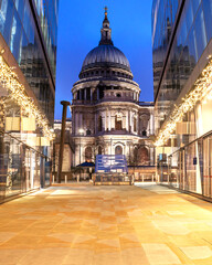 Famous religious St. Paul's Cathedral in London illuminated at dusk