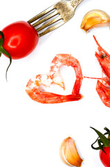 Cherry tomato and shrimp on a silver fork, ingredients for cooking, healthy eating concept, diet, organic nutrition