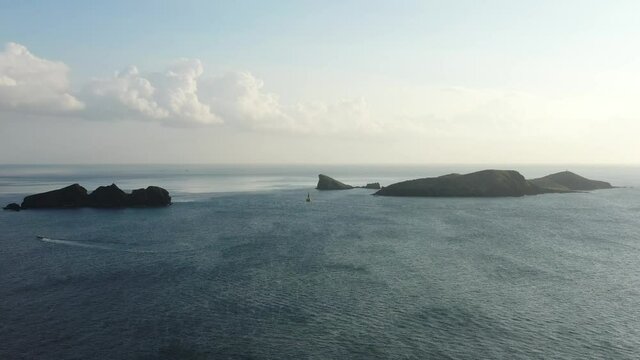 A drone video showing the sea and islands.