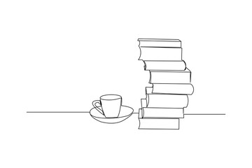 Continuous line drawing of a stack of book beside a cup of coffee at work desk. Writing draft business concept. Modern single one line art draw design vector graphic illustration