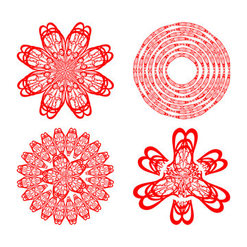 Set of four decorative doodle patterns in red color, circural vintage ornament. Textile ornament elements, wrapping paper print, color is easy to change. Vector design