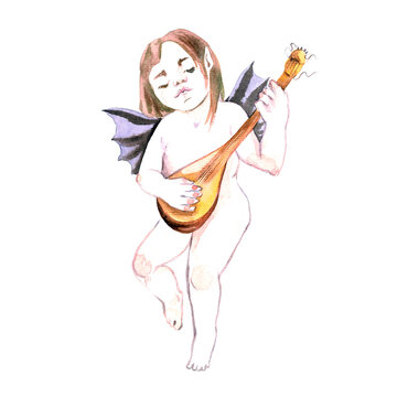 Devil angel (mandole) playing on mandolin,  isolated on white hand painted watercolor illustration