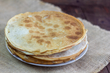 Russian pancakes.A stack of Russian village pancakes.A copy of the space.