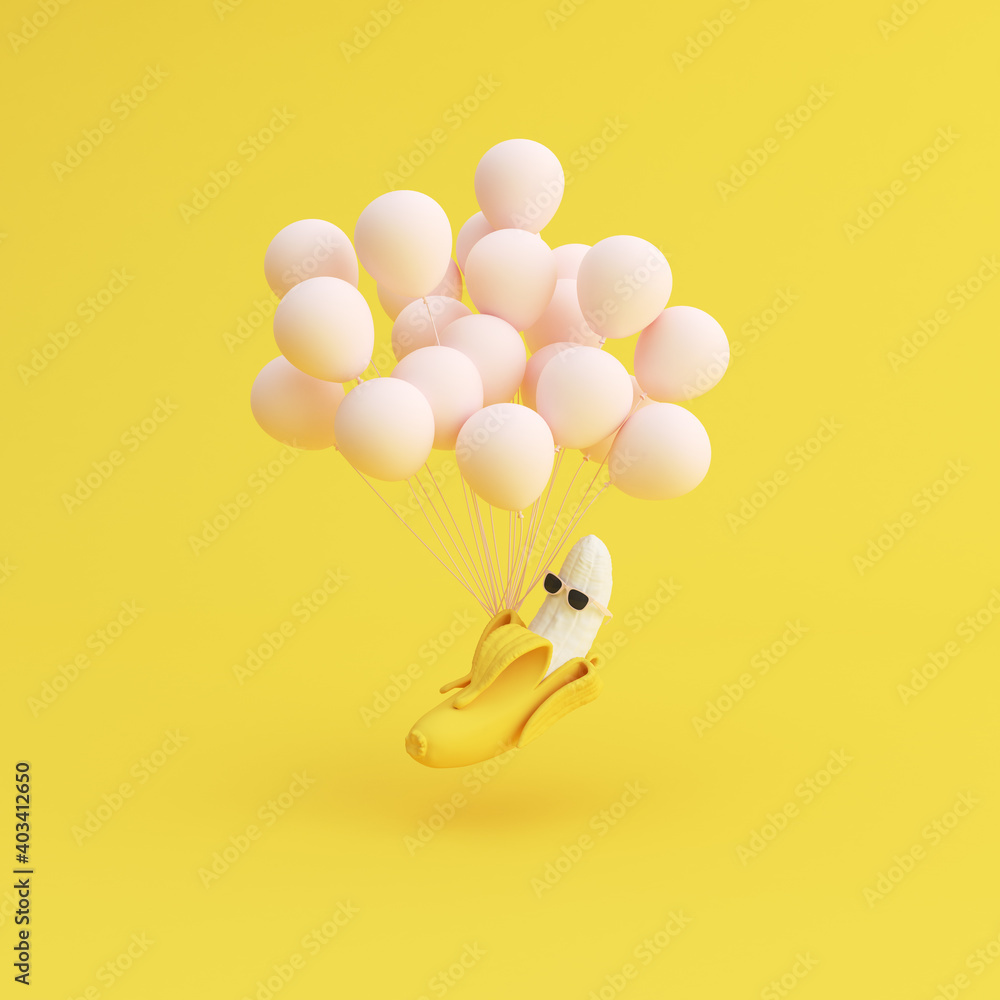 Poster minimal scene of flying balloons and yellow banana, 3d rendering.