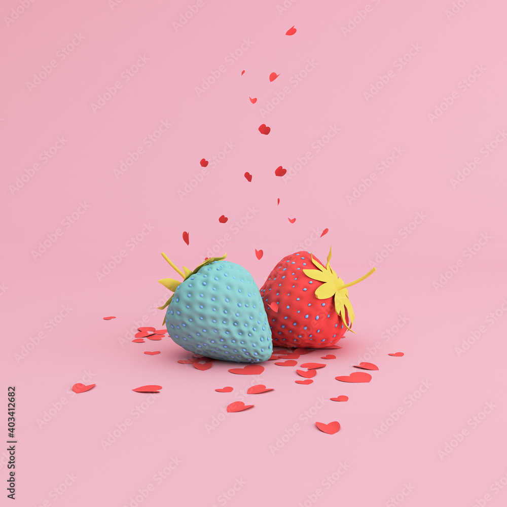 Poster Minimal scene of paper heart flake falling from above with both of strawberry, Valentine concept, 3D rendering.