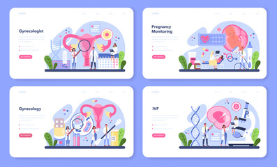 Fototapeta premium Gynecologist web banner or landing page set. Women health doctor