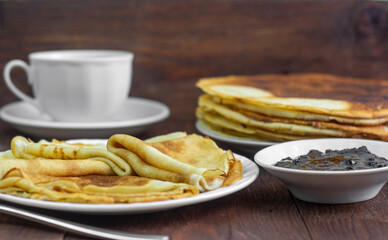 Russian pancakes.A stack of Russian country pancakes for breakfast.A copy of the space.