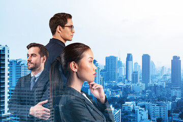 Group of three business colleagues in suits dreaming about new career opportunities after MBA...