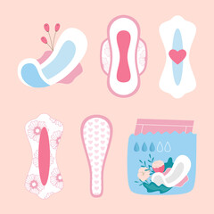 Big set of feminine sanitary pads. Vector illustration in flat modern style.