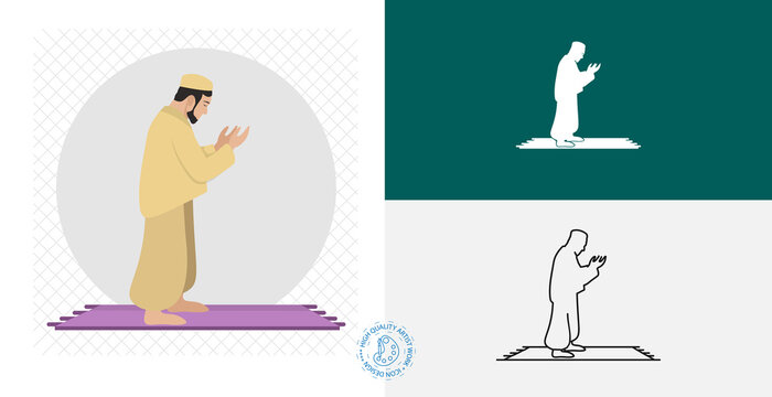 Muslim man prays. namaz isolated flat icon. line, solid islamic design element