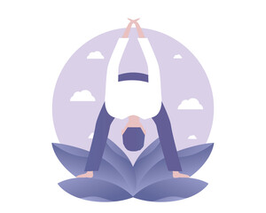 Yoga. A man stands in Prasarita Padottanasana pose and holds his balance. Vector illustration for telework, remote working and freelancing, business, start up, social media and blog
