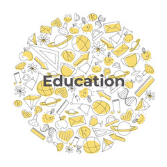 Hand drawn doodle for school theme in circle frame with yellow spots, educatinal illustration for background or wallpaper, print or textile, icons for kids