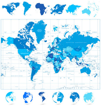 World Map in colors of blue and continents