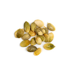 Pumpkin seeds pile isolated on white background top view