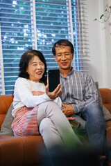 Senior couple taking selfie with smartphone on a couch at home together.