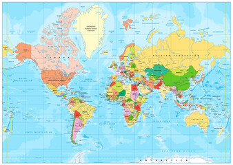 Highly detailed political World map with labeling