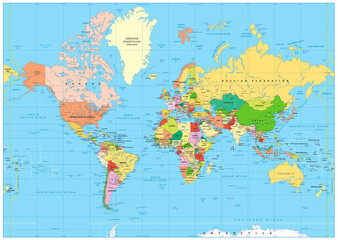 Highly detailed political World map with labeling