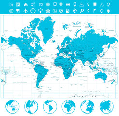 World map and flat globes with labeling