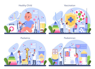 Pediatrician concept set. Doctor examining a child with stethoscope.