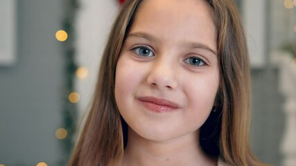Portrait of a teenage girl of Caucasian nationality who looks at the camera and smiles slightly. Girl with blue eyes and brown hair close up looks at the camera.