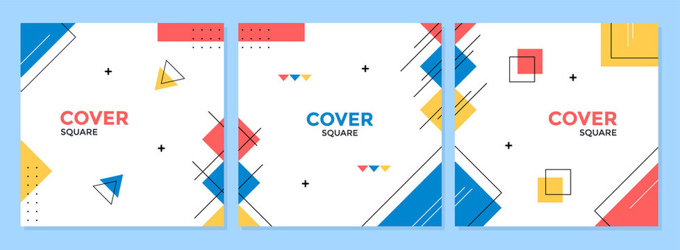 Vector set of abstract geometric cover background with minimal trendy style. Square banner template for social media posts, banners design, web or internet ads.