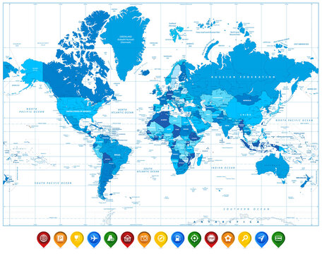 World Map in colors of blue and colorful map pointers