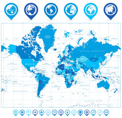 Fototapeta na wymiar World Map in colors of blue and map pointers