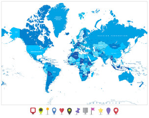 Fototapeta na wymiar World Map in colors of blue and flat map pointers