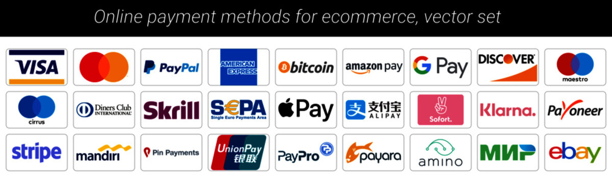 Online Payment Icon Set, Mastercard, Paypal, American Espress, Bitcoin, Amazon Pay, Google Pay, Discover, Diners, Skrill, Sepa, Apple Pay, Alipay, Sofort, Klarna, Payomeer, Mandiri, Ebay, Payara